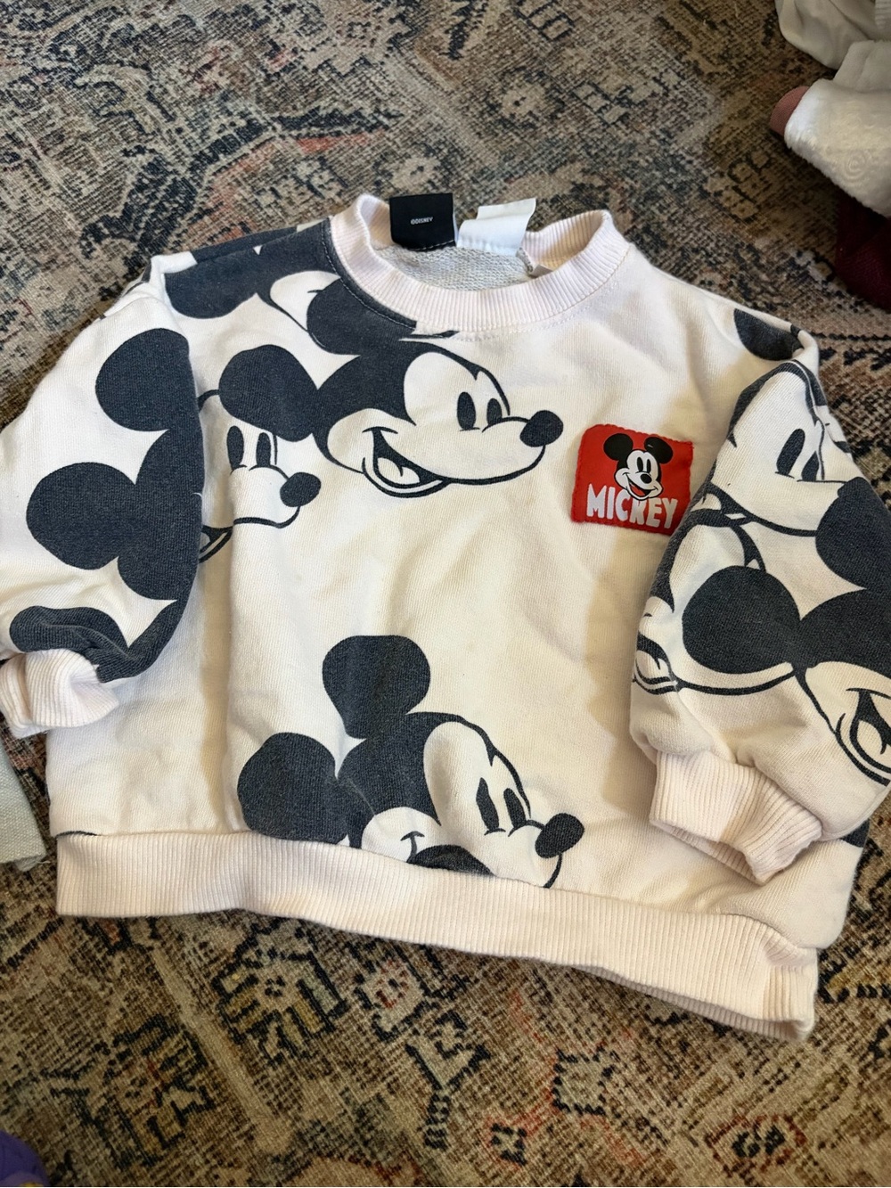 Zara Disney White Crewneck Sweatshirt with Black Mickey Faces and Red Patch